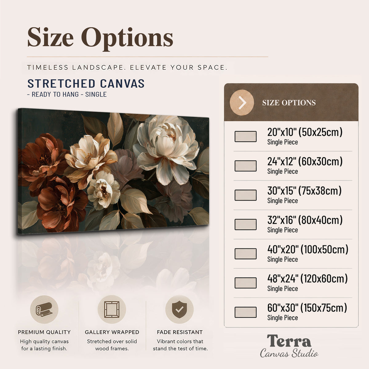 Large ivory roses and warm rust blooms against a deep shadowed background single canvas wall art available dimensions