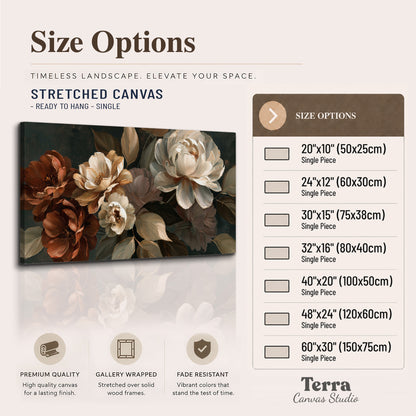 Large ivory roses and warm rust blooms against a deep shadowed background single canvas wall art available dimensions