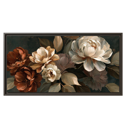 Large ivory roses and warm rust blooms against a deep shadowed background single framed canvas wall art viewed straight on
