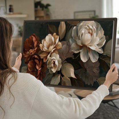 Large ivory roses and warm rust blooms against a deep shadowed background single framed canvas wall art held in hands