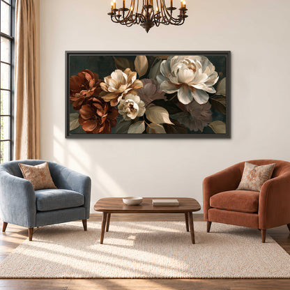 Large ivory roses and warm rust blooms against a deep shadowed background single framed canvas wall art styled in an interior
