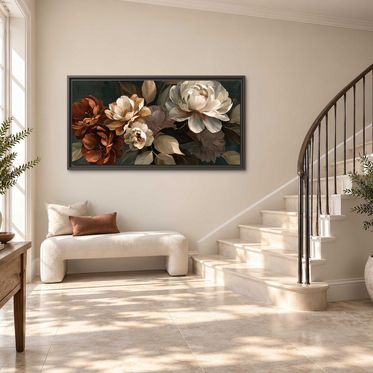 Large ivory roses and warm rust blooms against a deep shadowed background single framed canvas wall art styled in an interior