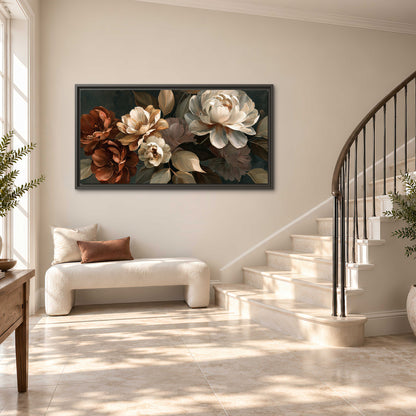 Large ivory roses and warm rust blooms against a deep shadowed background single framed canvas wall art styled in an interior