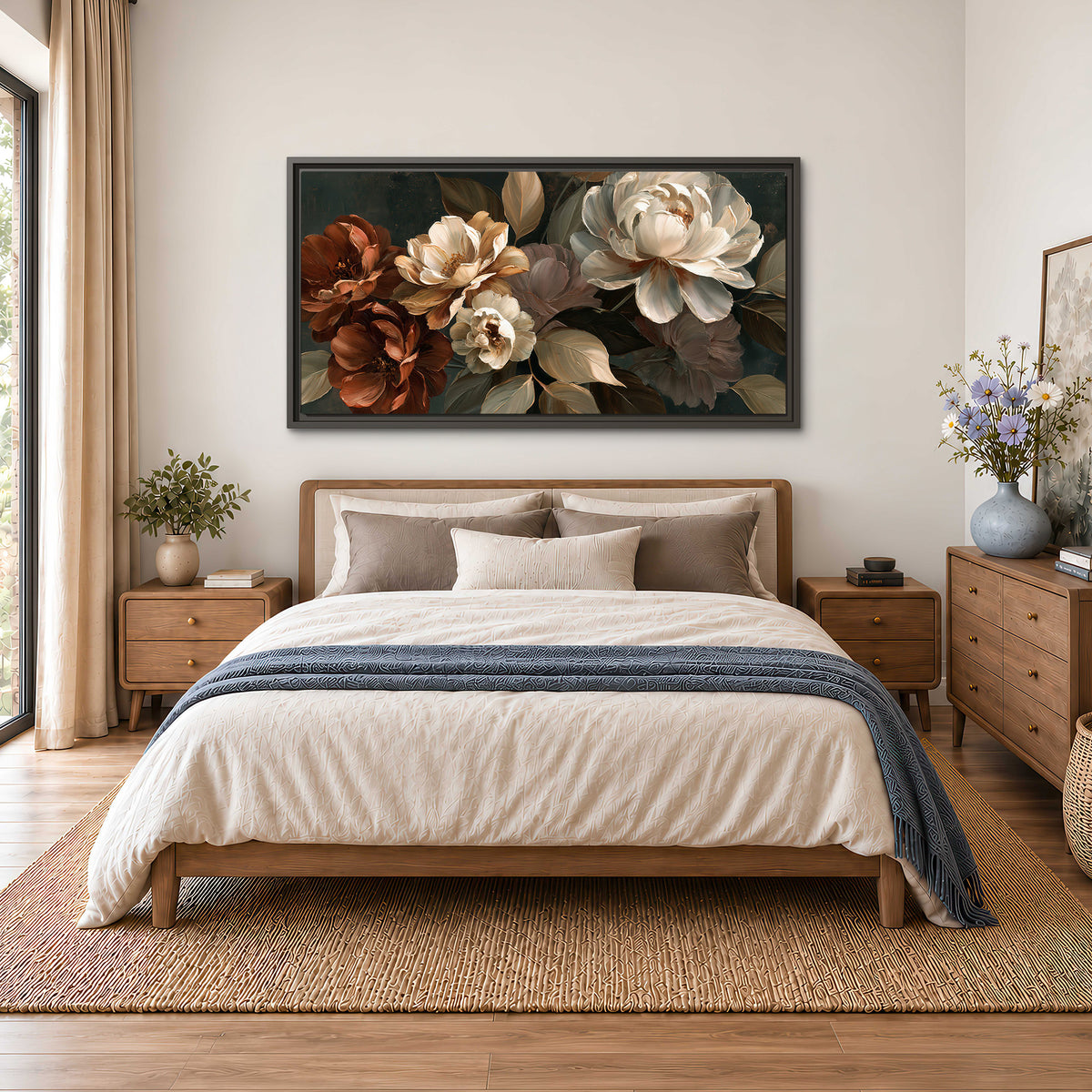 Large ivory roses and warm rust blooms against a deep shadowed background single framed canvas wall art styled in an interior