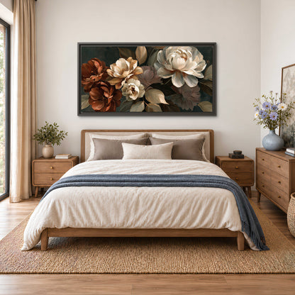Large ivory roses and warm rust blooms against a deep shadowed background single framed canvas wall art styled in an interior