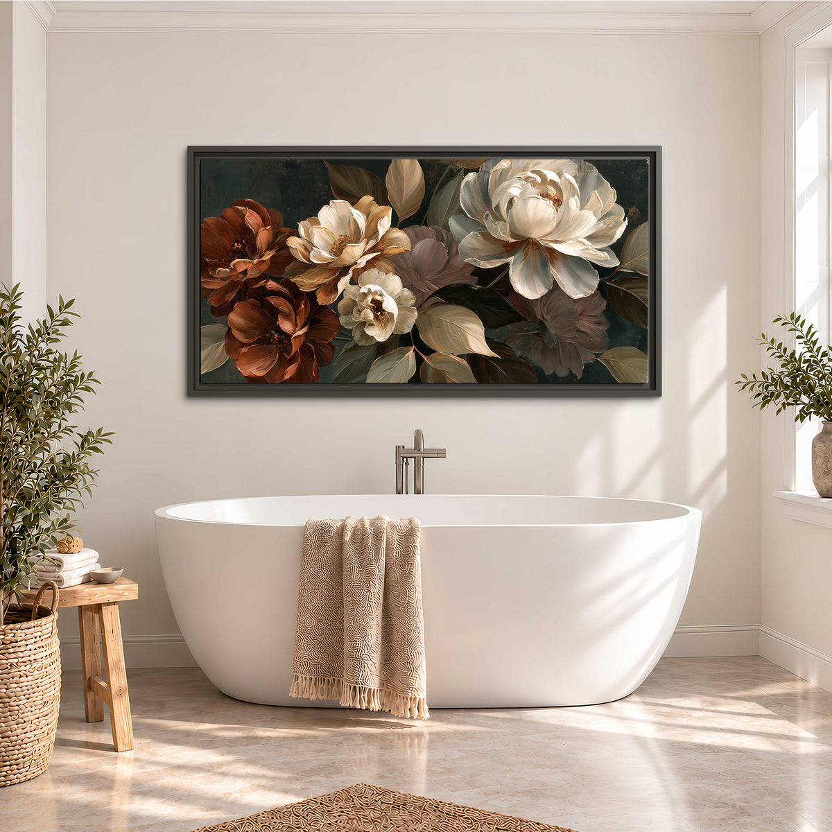 Large ivory roses and warm rust blooms against a deep shadowed background single framed canvas wall art styled in an interior