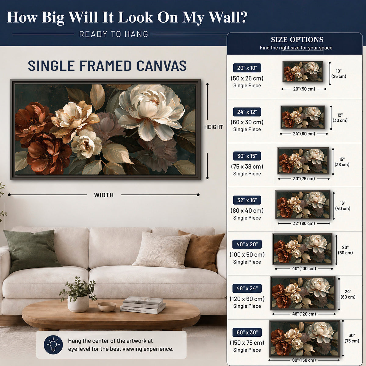 Large ivory roses and warm rust blooms against a deep shadowed background single framed canvas wall art size guide above a sofa; room view is illustrative