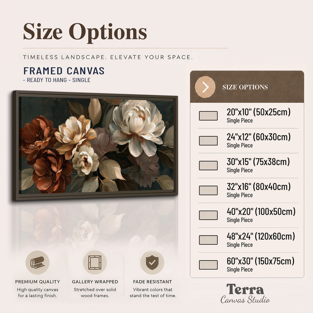 Large ivory roses and warm rust blooms against a deep shadowed background single framed canvas wall art available dimensions