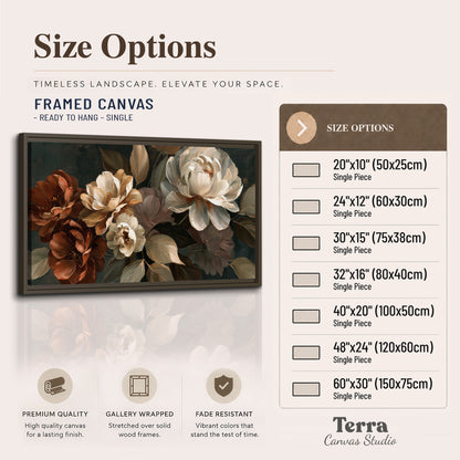 Large ivory roses and warm rust blooms against a deep shadowed background single framed canvas wall art available dimensions