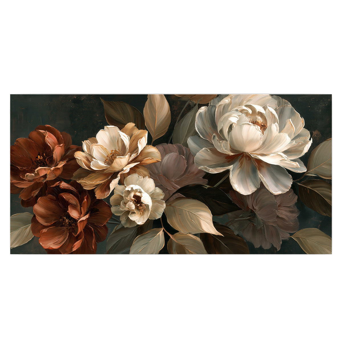 Large ivory roses and warm rust blooms against a deep shadowed background single poster print viewed straight on