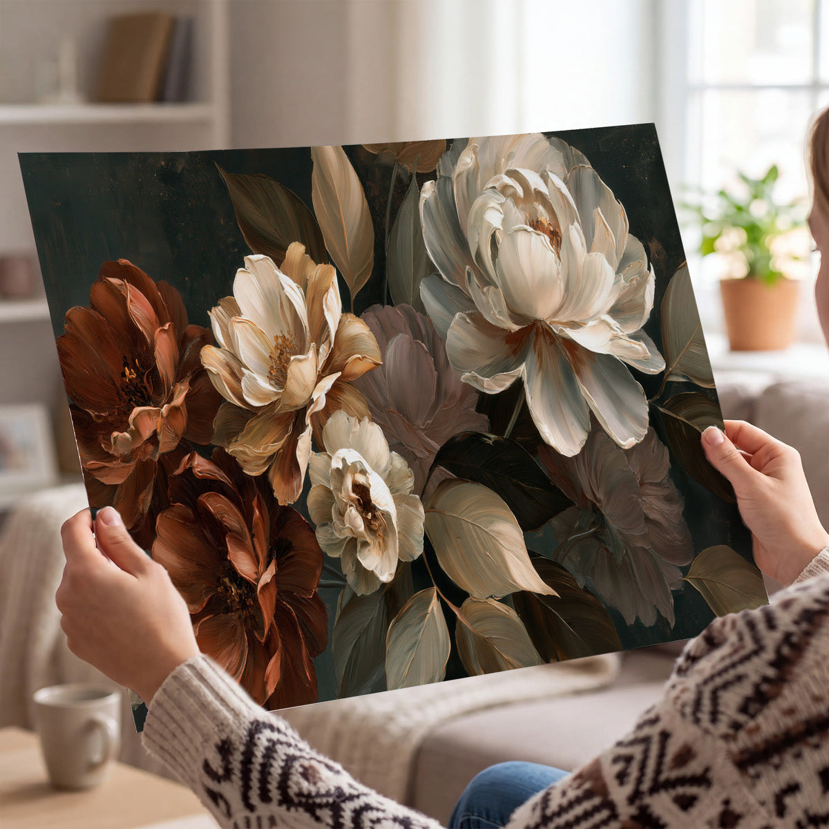 Large ivory roses and warm rust blooms against a deep shadowed background single poster print held in hands