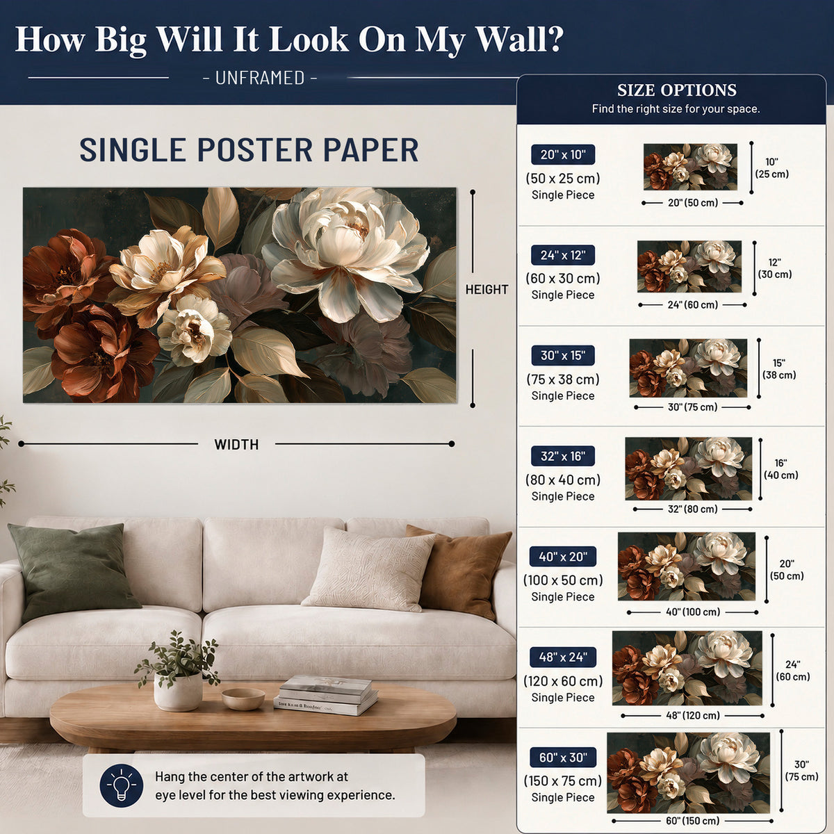 Large ivory roses and warm rust blooms against a deep shadowed background single poster print size guide above a sofa; room view is illustrative