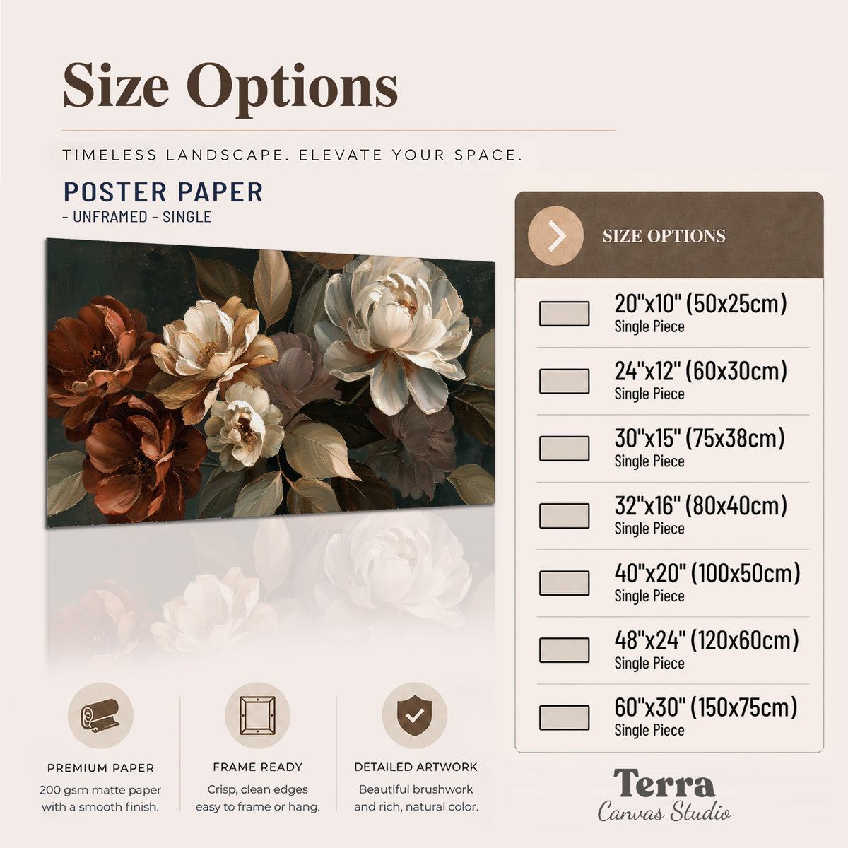 Large ivory roses and warm rust blooms against a deep shadowed background single poster print available dimensions