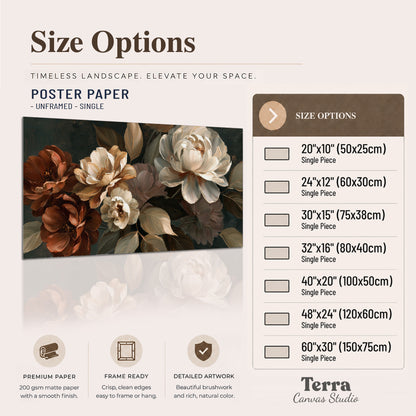 Large ivory roses and warm rust blooms against a deep shadowed background single poster print available dimensions