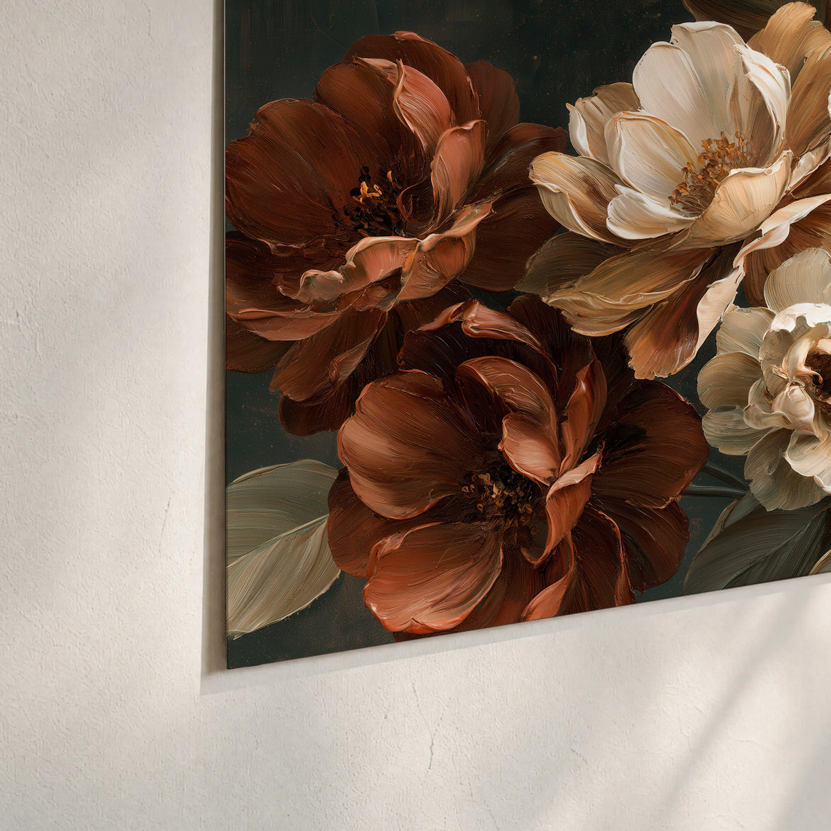 Large ivory roses and warm rust blooms against a deep shadowed background set of 3 poster prints material and edge close up