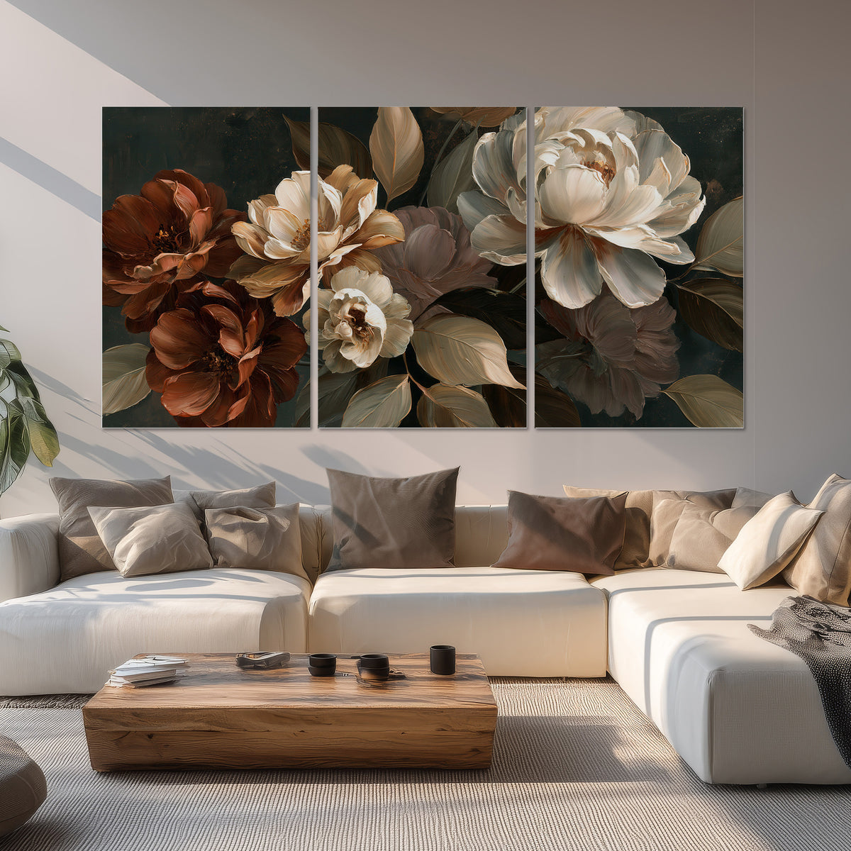 Large ivory roses and warm rust blooms against a deep shadowed background set of 3 poster prints displayed in a living room