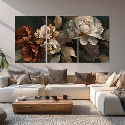 Large ivory roses and warm rust blooms against a deep shadowed background set of 3 poster prints displayed in a living room