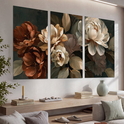 Large ivory roses and warm rust blooms against a deep shadowed background set of 3 poster prints displayed in a console
