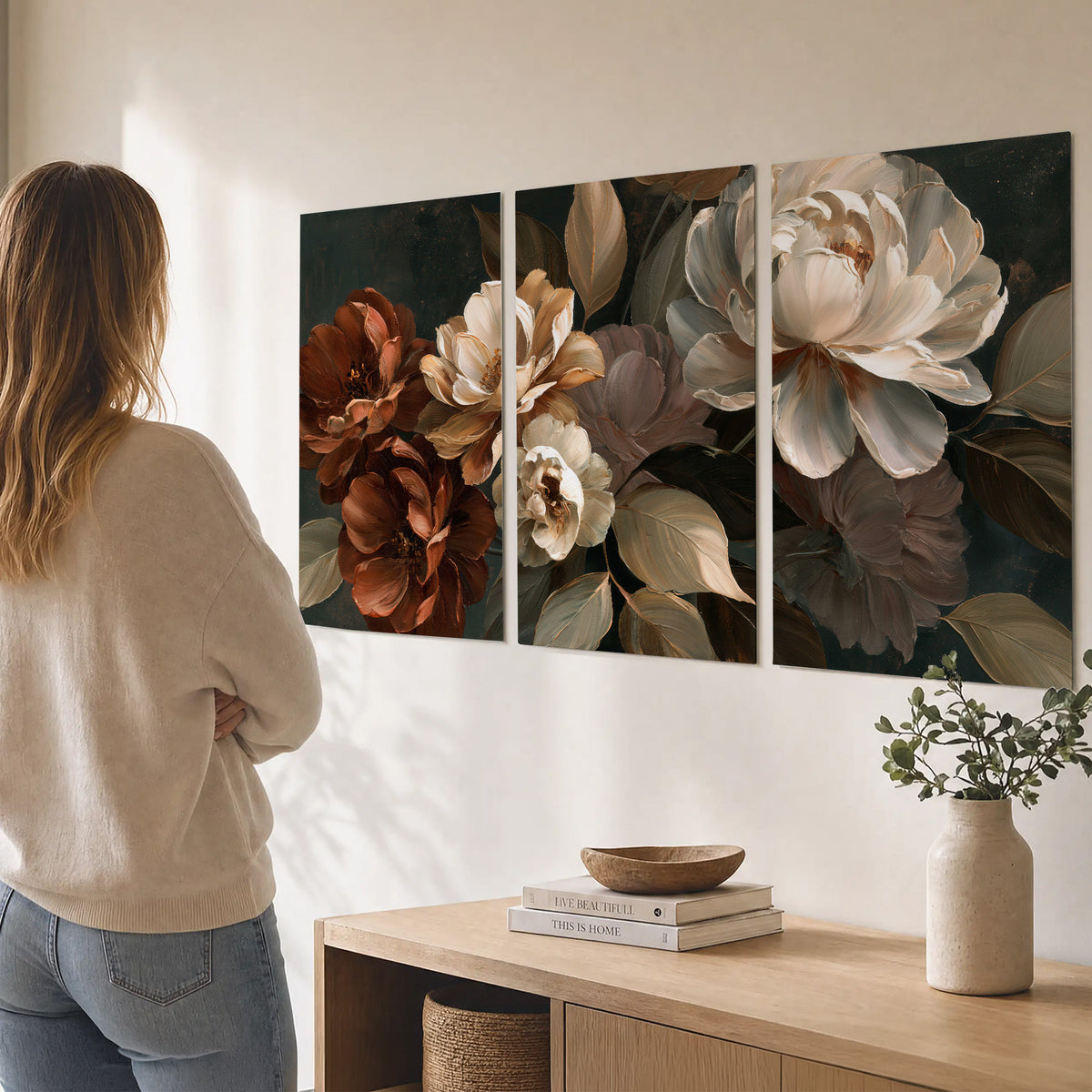 Large ivory roses and warm rust blooms against a deep shadowed background set of 3 poster prints three panel arrangement on a wall