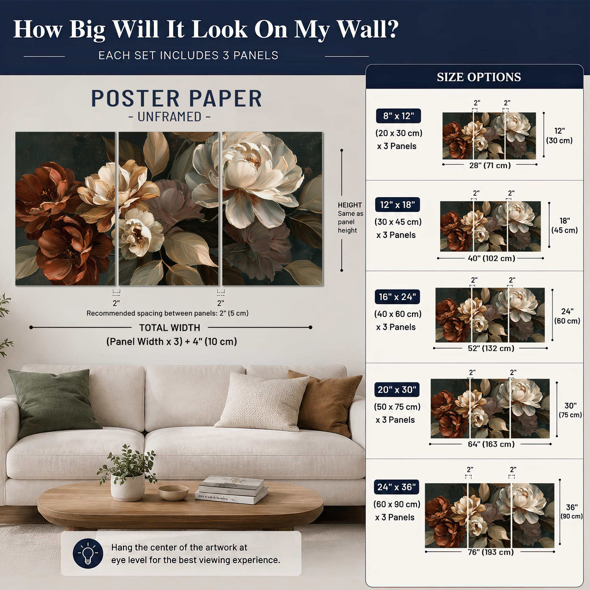 Large ivory roses and warm rust blooms against a deep shadowed background set of 3 poster prints size guide above a sofa; room view is illustrative