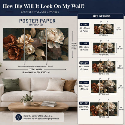 Large ivory roses and warm rust blooms against a deep shadowed background set of 3 poster prints size guide above a sofa; room view is illustrative