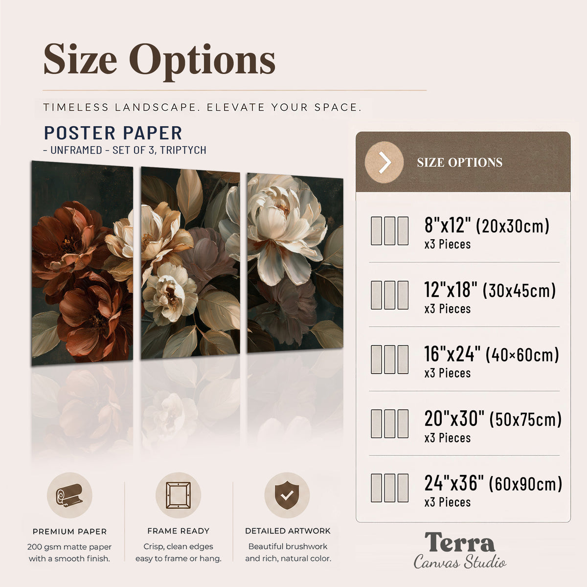Large ivory roses and warm rust blooms against a deep shadowed background set of 3 poster prints available dimensions; triptych dimensions are per panel