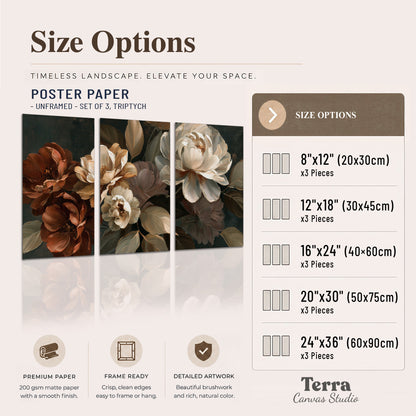 Large ivory roses and warm rust blooms against a deep shadowed background set of 3 poster prints available dimensions; triptych dimensions are per panel