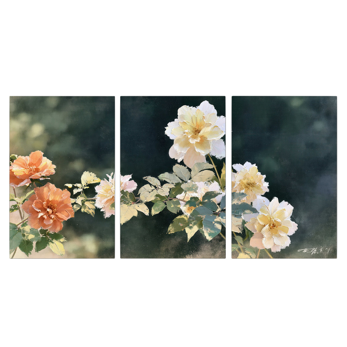 White and peach roses with green leaves against a deep blue-green background 3 piece canvas wall art viewed straight on