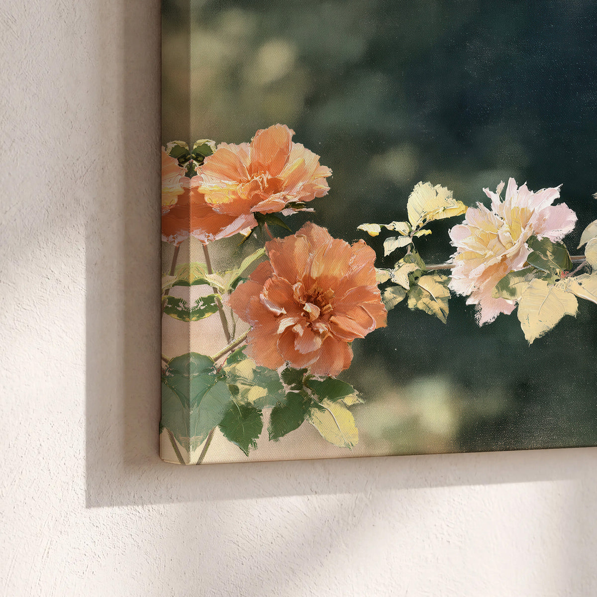 White and peach roses with green leaves against a deep blue-green background 3 piece canvas wall art material and edge close up
