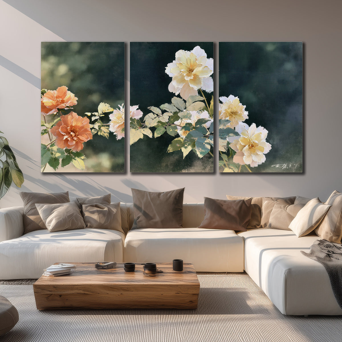 White and peach roses with green leaves against a deep blue-green background 3 piece canvas wall art displayed in a living room