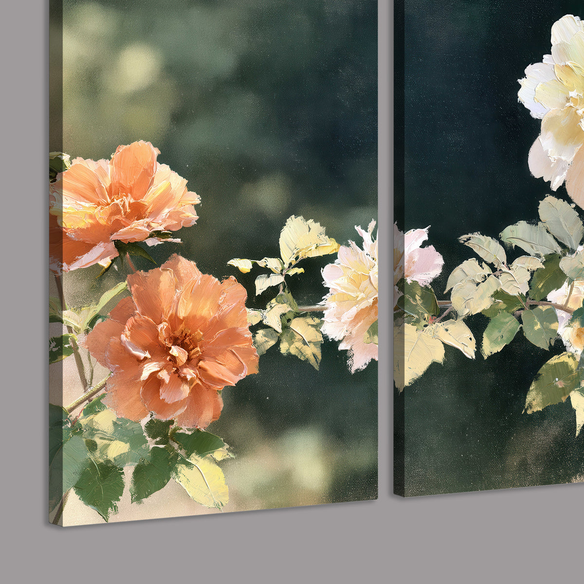 White and peach roses with green leaves against a deep blue-green background 3 piece canvas wall art room and product view