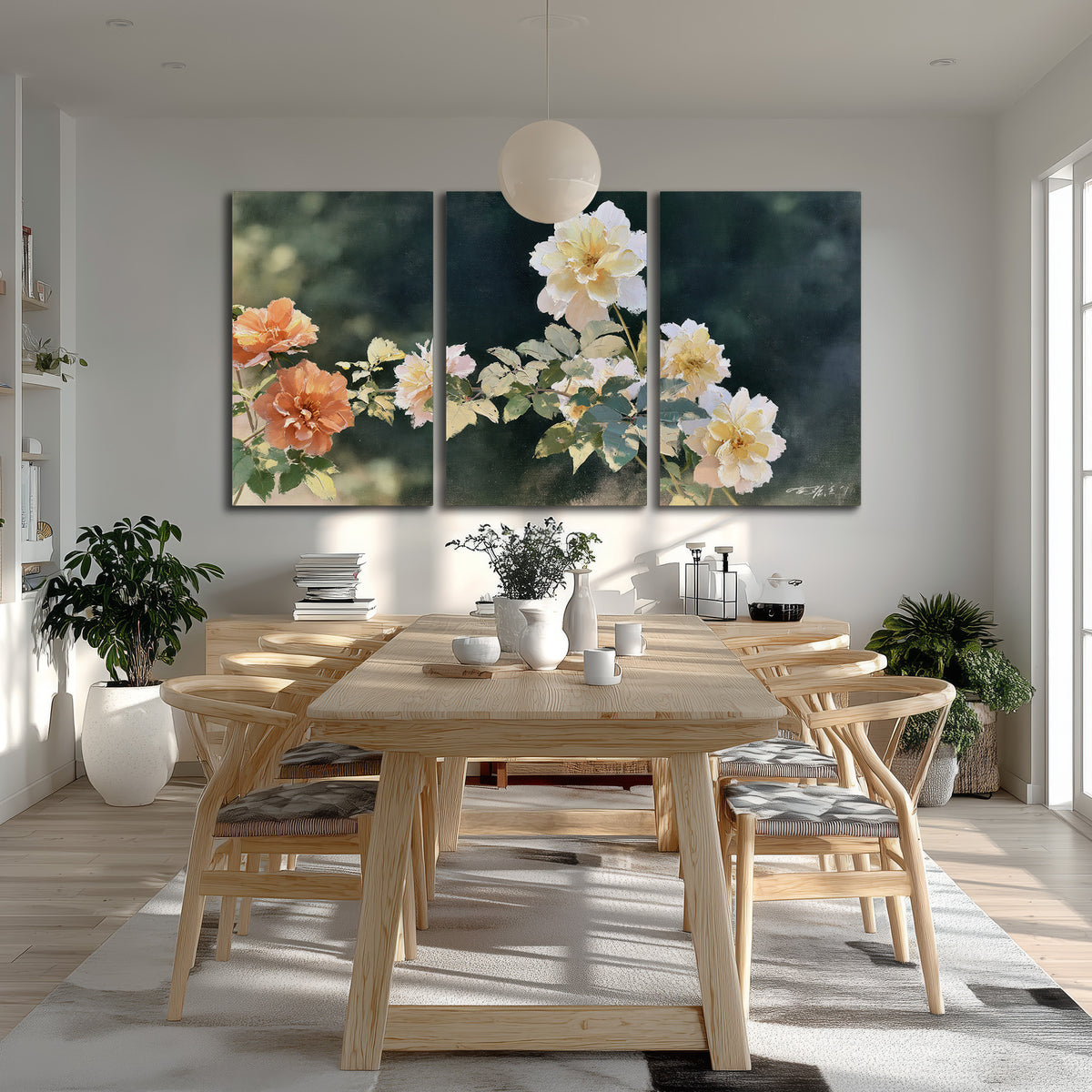 White and peach roses with green leaves against a deep blue-green background 3 piece canvas wall art room and product view