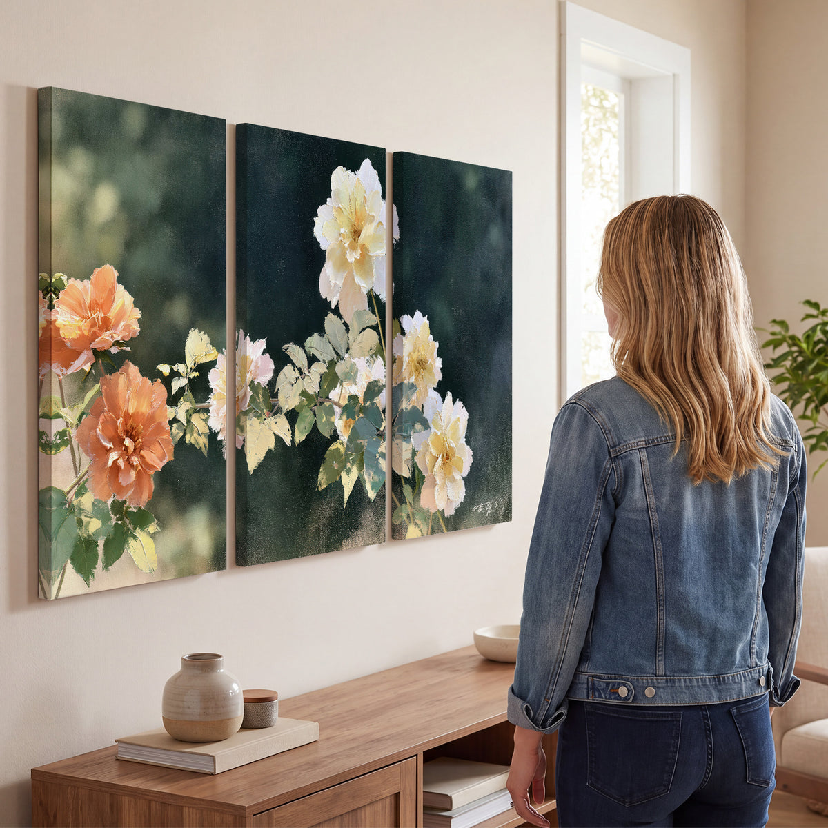 White and peach roses with green leaves against a deep blue-green background 3 piece canvas wall art three panel arrangement on a wall