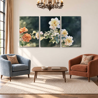 White and peach roses with green leaves against a deep blue-green background 3 piece canvas wall art styled in an interior