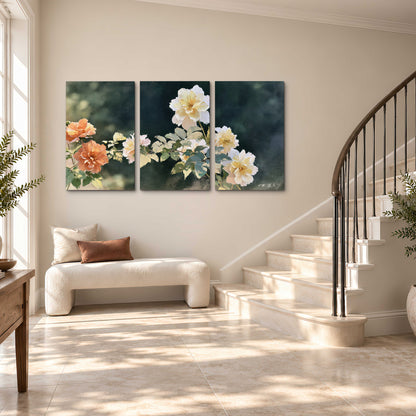 White and peach roses with green leaves against a deep blue-green background 3 piece canvas wall art styled in an interior