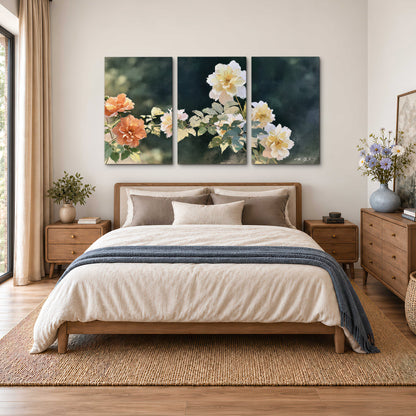 White and peach roses with green leaves against a deep blue-green background 3 piece canvas wall art styled in an interior