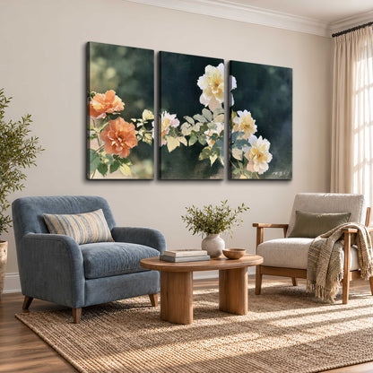 White and peach roses with green leaves against a deep blue-green background 3 piece canvas wall art styled in an interior