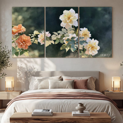 White and peach roses with green leaves against a deep blue-green background 3 piece canvas wall art displayed in a bedroom