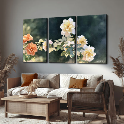 White and peach roses with green leaves against a deep blue-green background 3 piece canvas wall art displayed in a rustic living room