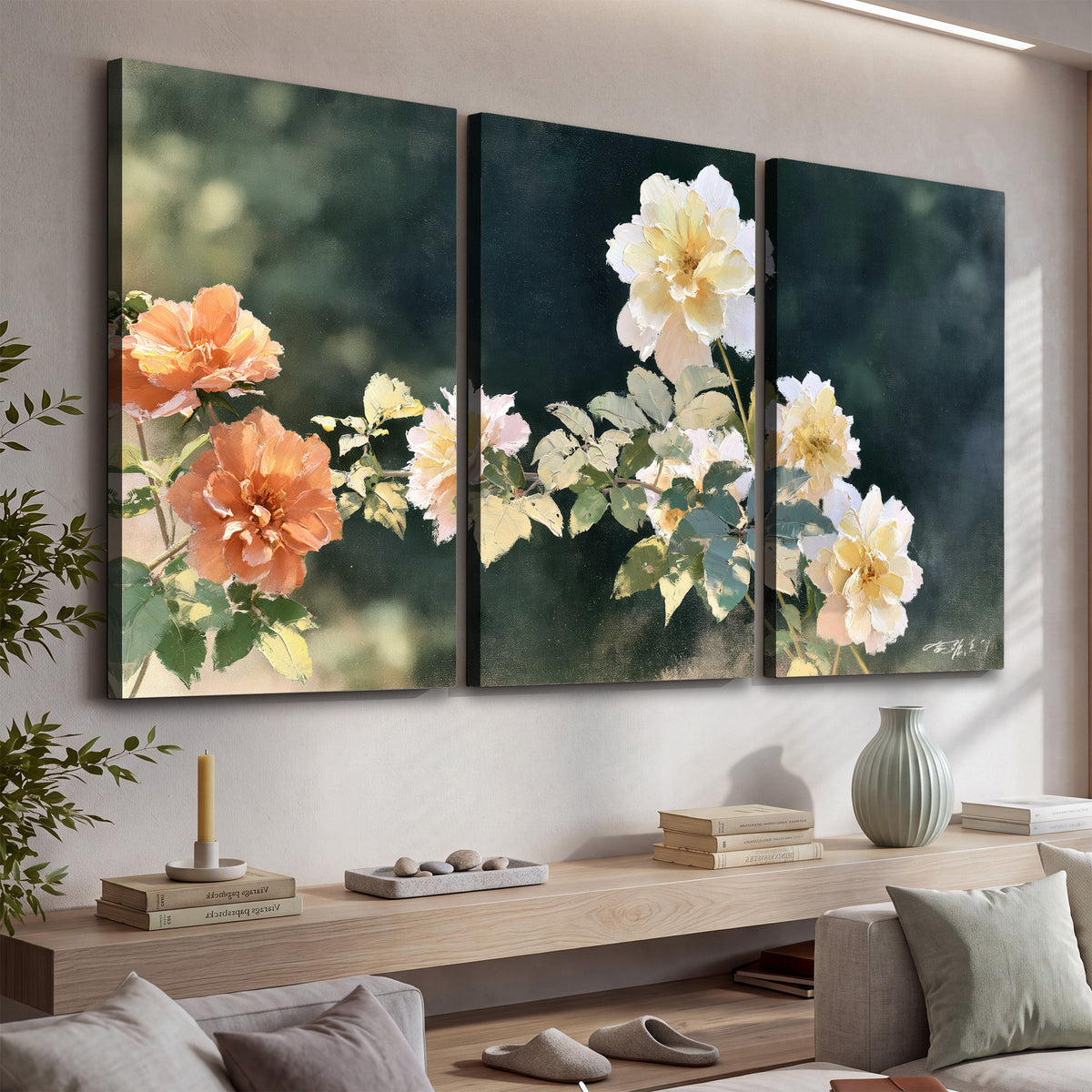 White and peach roses with green leaves against a deep blue-green background 3 piece canvas wall art displayed in a console