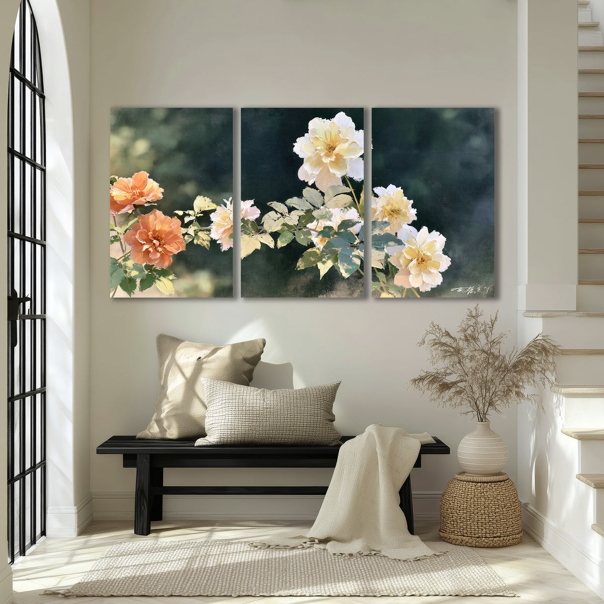 White and peach roses with green leaves against a deep blue-green background 3 piece canvas wall art displayed in a entryway
