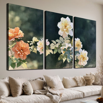 White and peach roses with green leaves against a deep blue-green background 3 piece canvas wall art room and product view