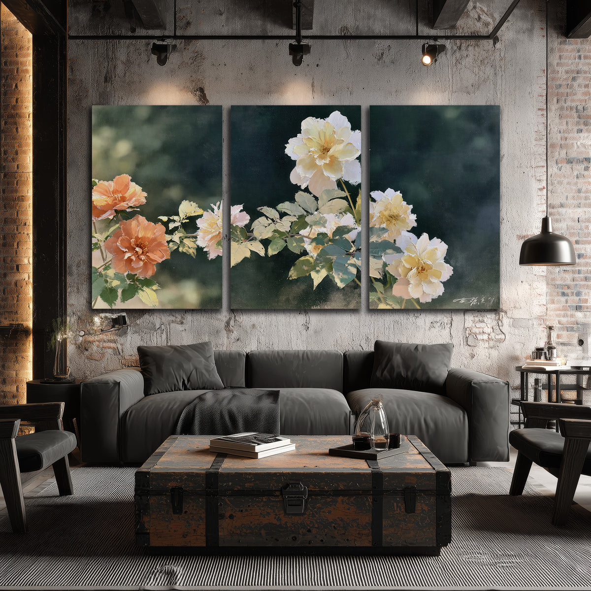 White and peach roses with green leaves against a deep blue-green background 3 piece canvas wall art displayed in a industrial room