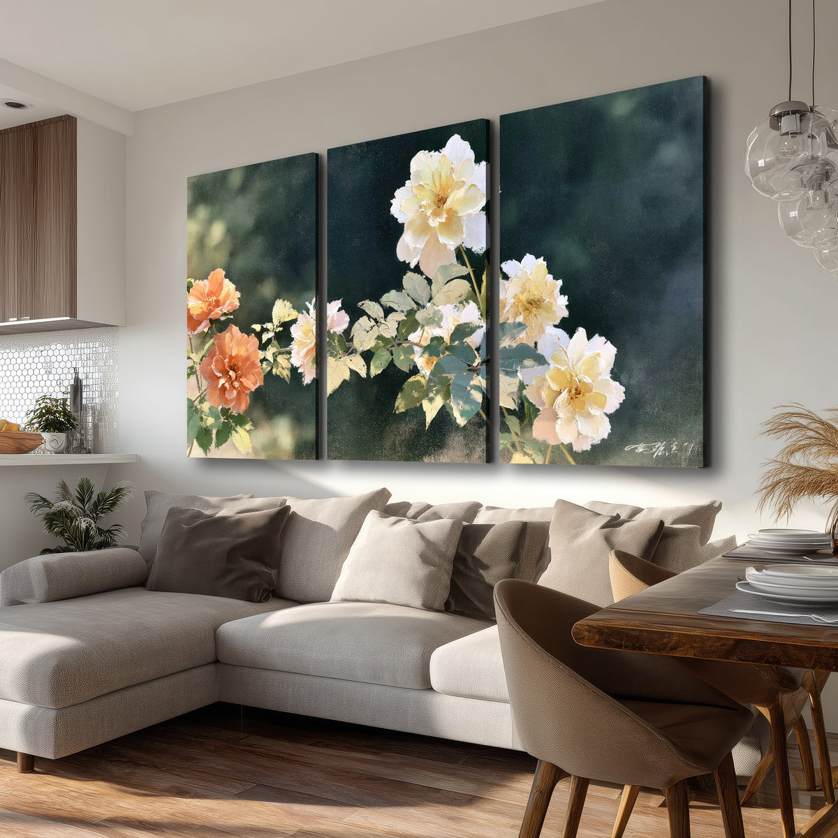 White and peach roses with green leaves against a deep blue-green background 3 piece canvas wall art room and product view