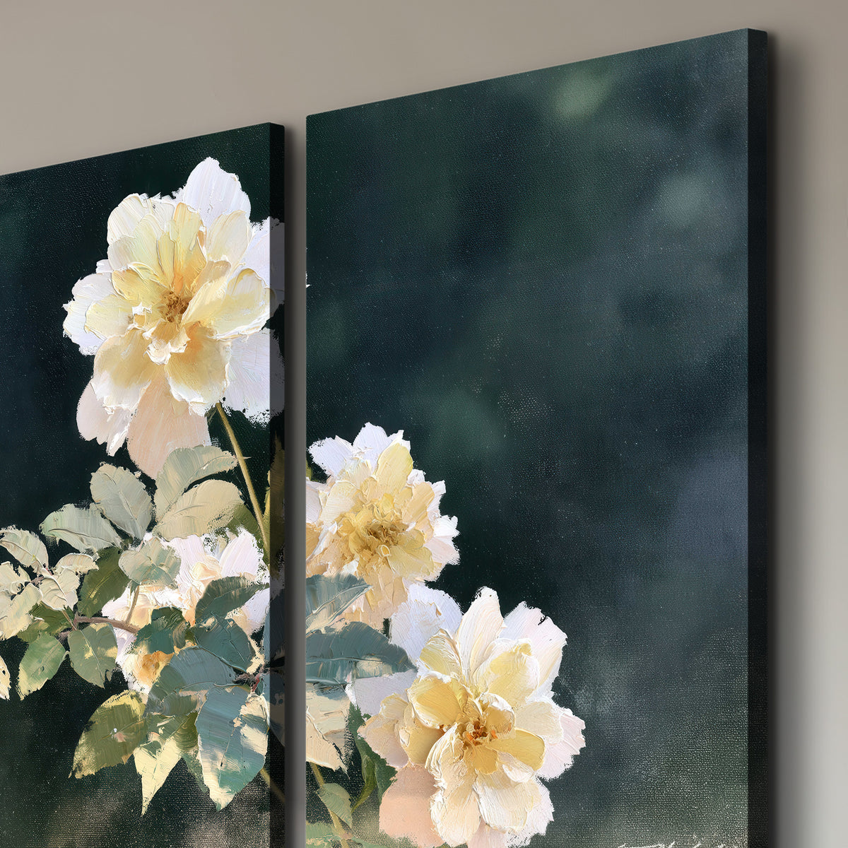 White and peach roses with green leaves against a deep blue-green background 3 piece canvas wall art room and product view