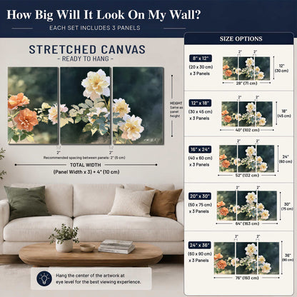 White and peach roses with green leaves against a deep blue-green background 3 piece canvas wall art size guide above a sofa; room view is illustrative