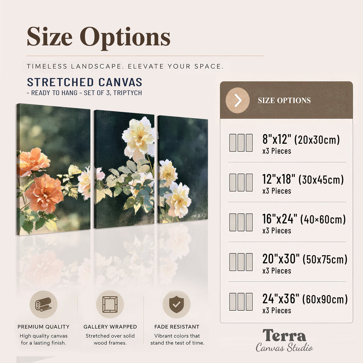 White and peach roses with green leaves against a deep blue-green background 3 piece canvas wall art available dimensions; triptych dimensions are per panel