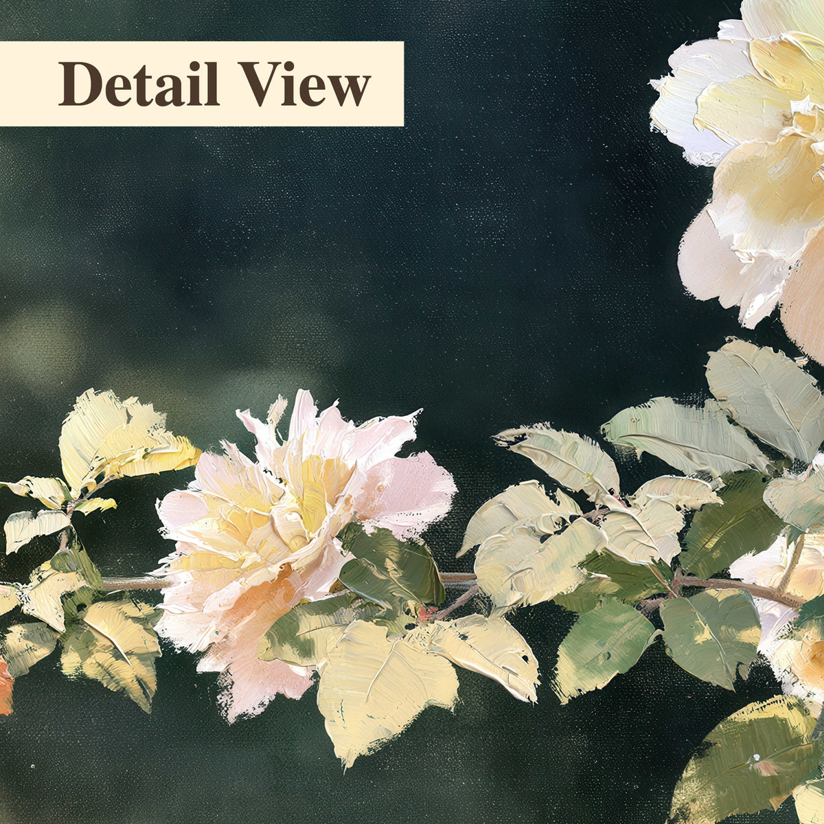 White and peach roses with green leaves against a deep blue-green background 3 piece canvas wall art artwork detail close up
