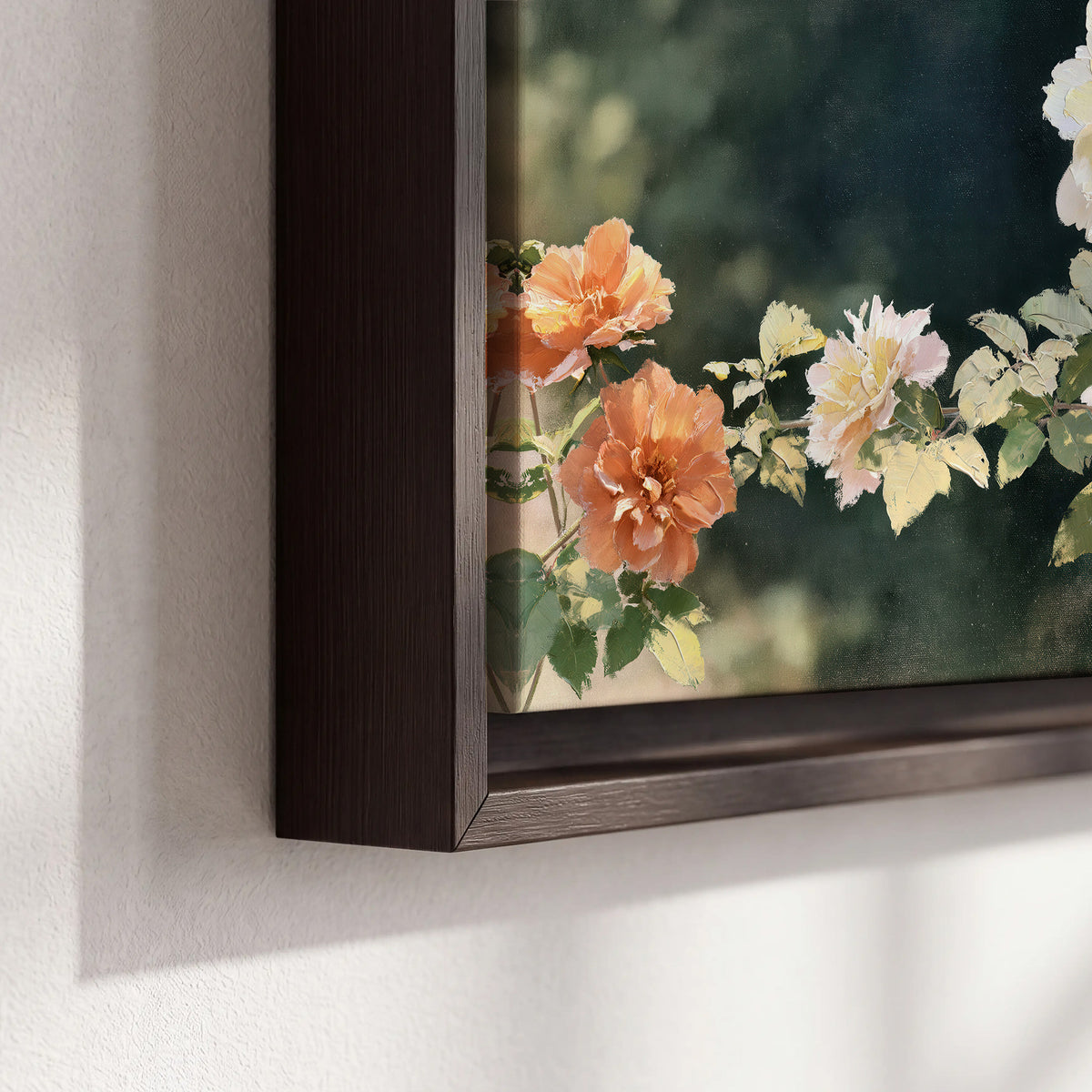 White and peach roses with green leaves against a deep blue-green background 3 piece framed canvas wall art material and edge close up