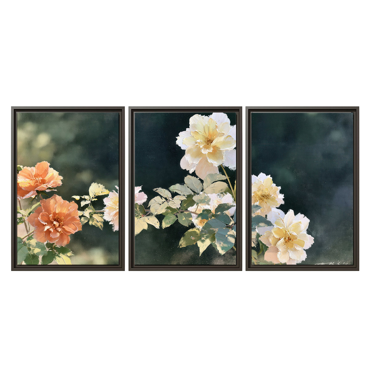White and peach roses with green leaves against a deep blue-green background 3 piece framed canvas wall art viewed straight on